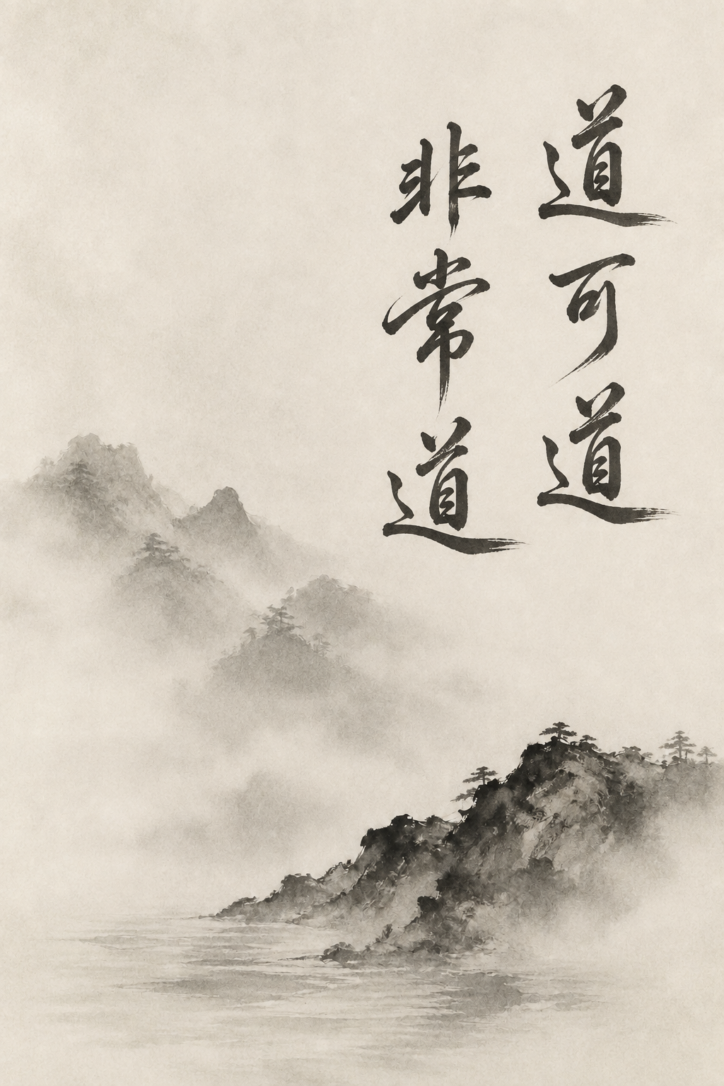 A sparse ink landscape with the calligraphy: 道可道，非常道.